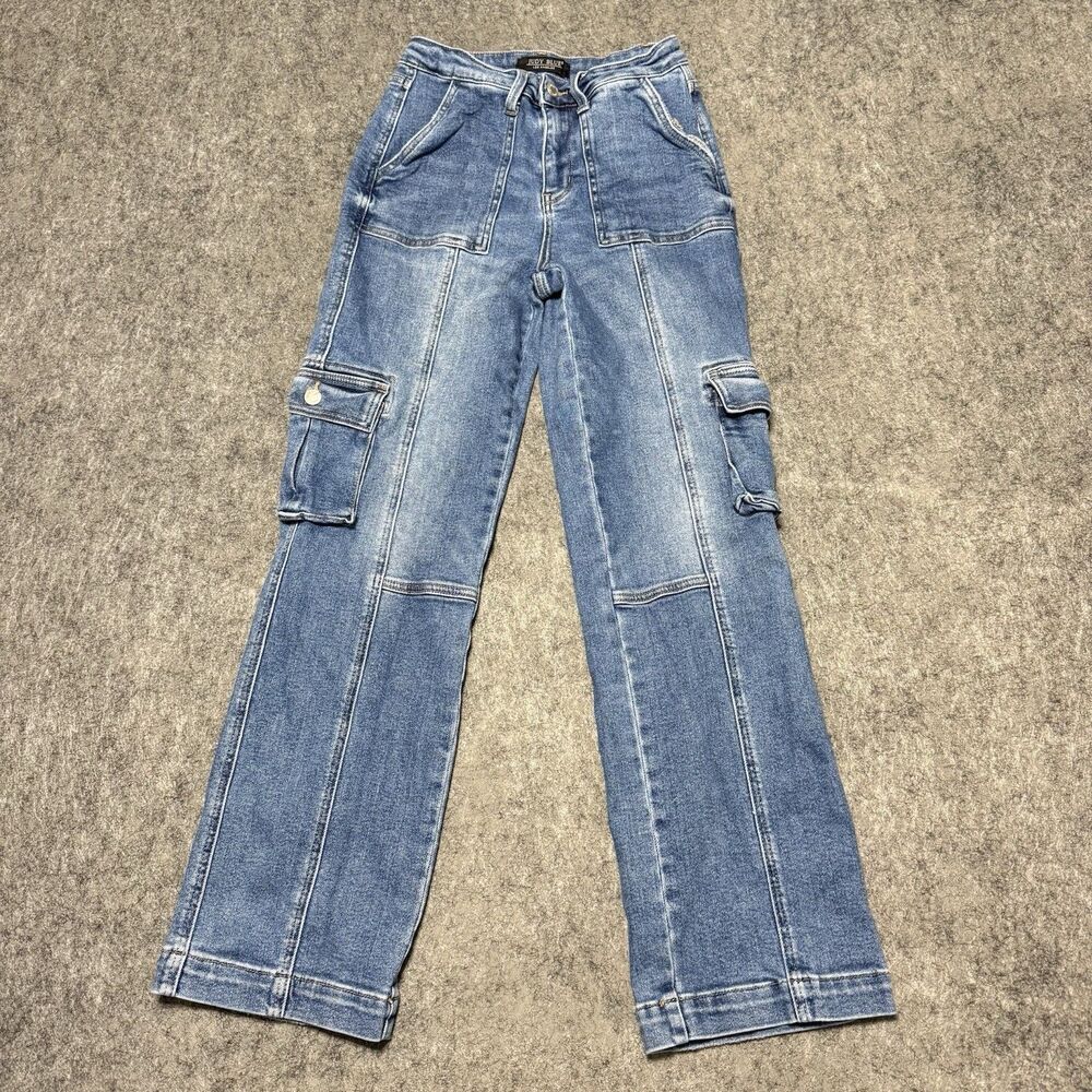 Judy Blue Wide Leg Cargo Jeans 3 26 High Rise Medium Wash Utility Pockets